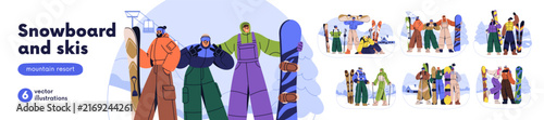 People with ski, snowboard on winter holidays set. Families, couples, friends...