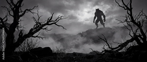 Monochromatic scene depicting werewolf silhouette standing on misty hill under cloudy moonlit night sky with bare gnarled trees