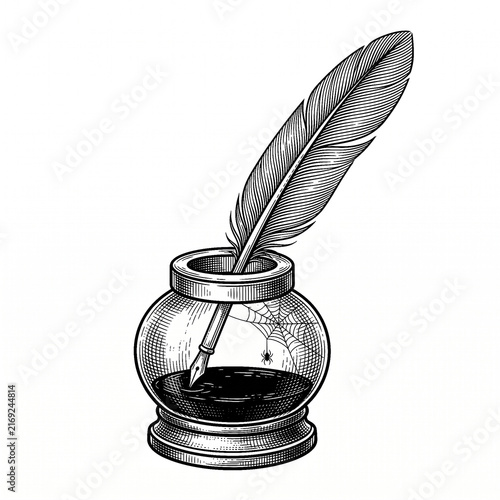 Vintage inkwell with feather pen, spider and cobweb in dark academia engraving style