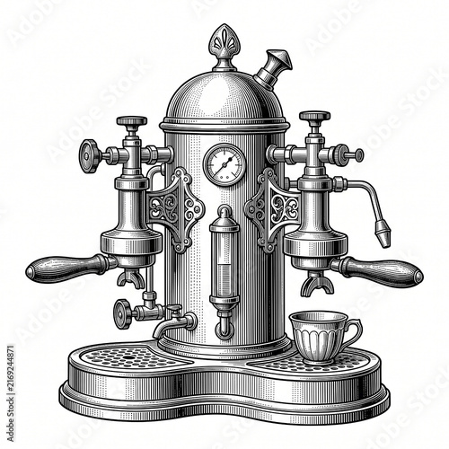 Antique Italian espresso coffee machine with cup in classic steampunk engraving style