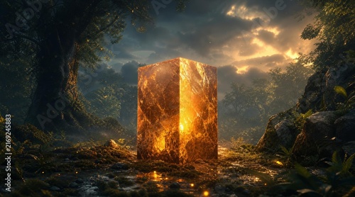 Glowing fiery cube monolith in a mystical forest.
