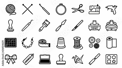 Craft and DIY hobby line icons set featuring sewing, knitting, pottery, painting, and jewelry making tools on a white background
