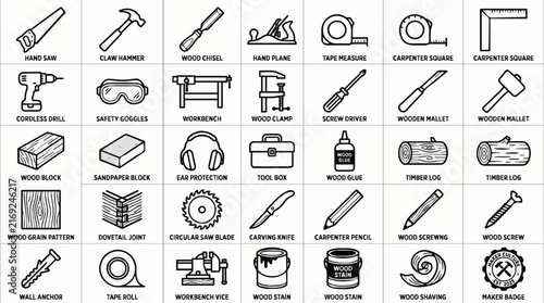 Comprehensive collection of essential woodworking and carpentry tools depicted as line art icons, perfect for representing construction concepts and DIY projects