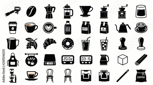 Minimalist black silhouette coffee icons set featuring brewing equipment beans espresso tools barista accessories and cafe elements for graphic design