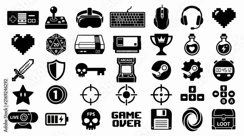 Collection of Black and White Video Game Icons and Gaming Interface Elements for User Interface Design