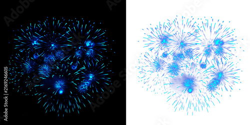 Cyan blue fireworks display featuring multiple radial bursts and glowing trails for creative night scene overlays or graphic design assets.