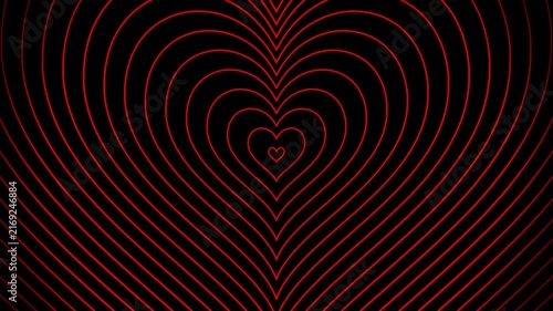 Abstract glowing red neon heart outlines expanding from the center on a black background, creating a romantic love animation.