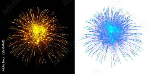 Combined firework display featuring vibrant yellow and bright blue explosions with glowing particles, for festive design backgrounds and effects.