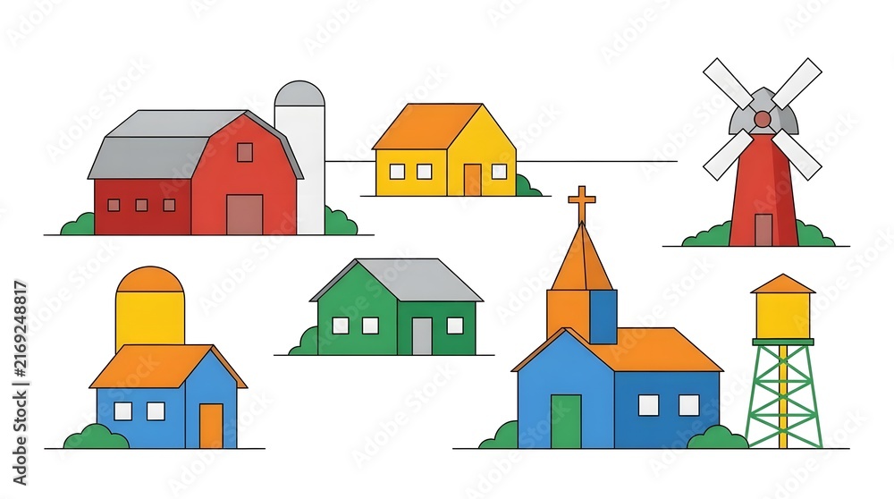 Fototapeta premium Colorful farm buildings and structures depicted in a flat vector illustration
