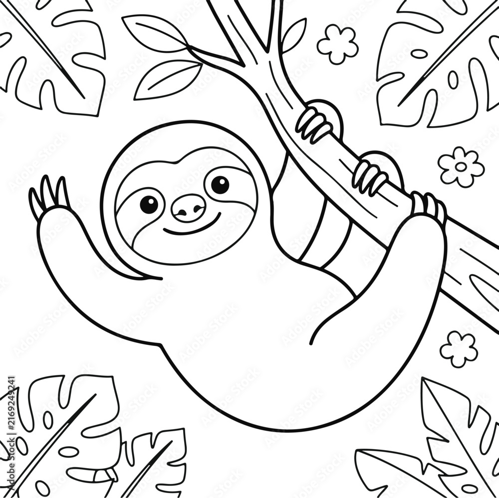 Naklejka premium Cute cartoon sloth hanging from a branch with tropical leaves and flowers, coloring page for kids