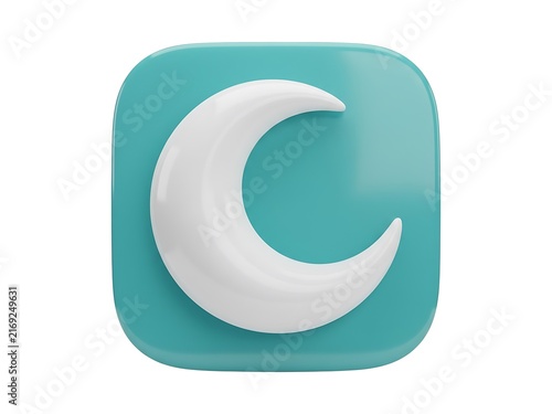 A glossy 3d app icon featuring a white crescent moon on a cyan background