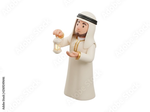A 3d rendered cartoon character of an arab man holding a glowing lantern