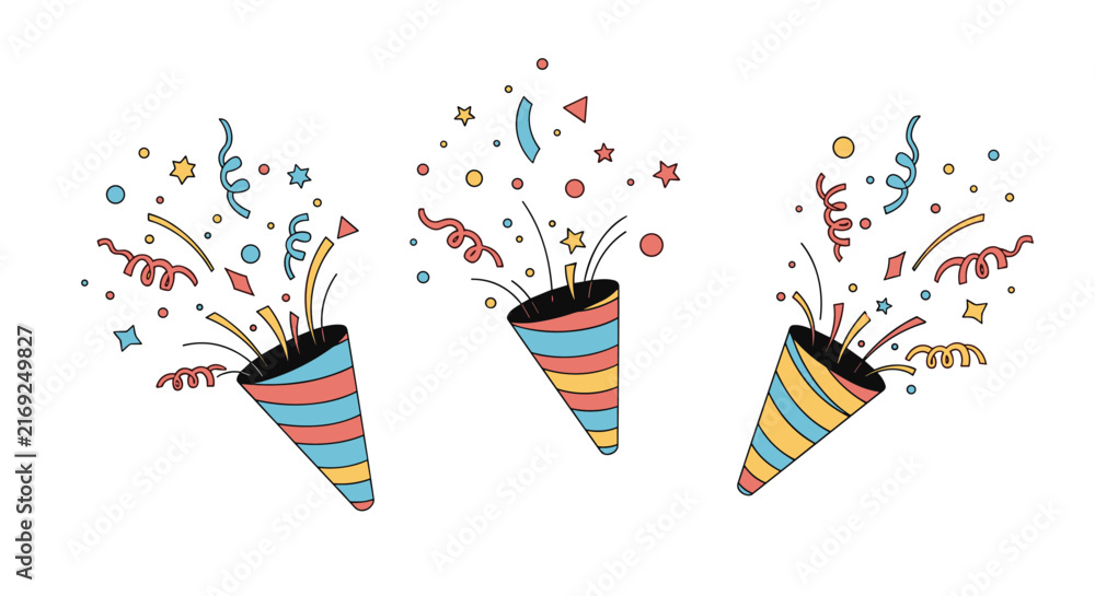 Obraz premium Colorful party poppers with exploding confetti and serpentine spirals isolated on a white background.