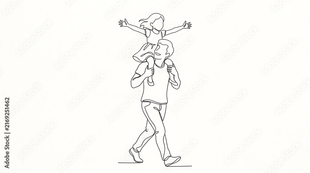 Fototapeta premium Father carrying child dad walking with kid on shoulders in minimalist line drawing shoulders