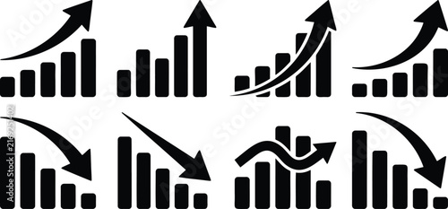 Graph chart with increasing arrow icons set