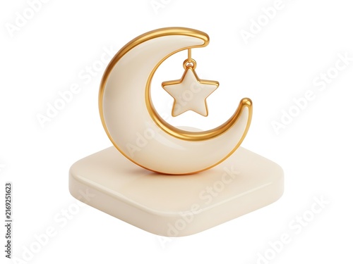 A 3d render of a cream colored crescent moon with a star on a square base