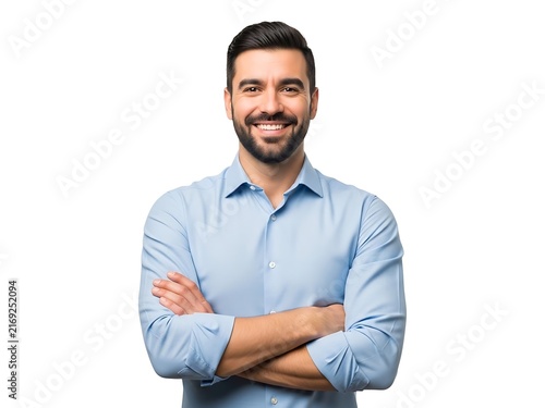 A portrait of a confident man with a beard smiling against white background