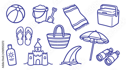 Hand drawn beach vacation and summer travel doodle collection with beach ball, bucket, shovel, beach towel, cooler box, flip flops, picnic basket, umbrella, sunscreen, sandcastle, 