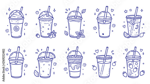 Hand drawn iced drink and smoothie doodle collection with takeaway cups, straws, whipped cream, fruit toppings, ice cubes, citrus slices, berries, and refreshing beverage designs