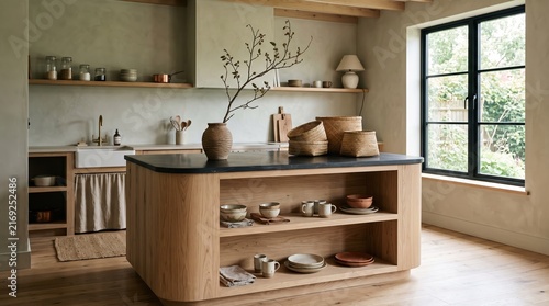 kitchen island with ceramic tableware and natural decor in modern rustic