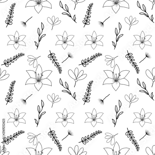 Sophisticated monochrome botanical seamless pattern featuring hand drawn lilies and ferns in black line art seamless pattern with insects 