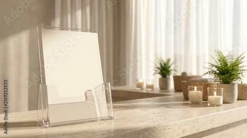 A spa counter card mockup in a clear acrylic holder on a stone surface with candles and greenery.