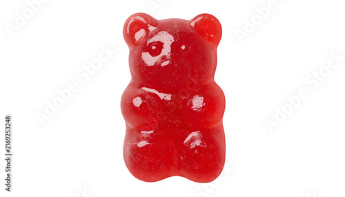 Sweet red gummy bear candy treat with glossy texture finish isolated on transparent background png file.