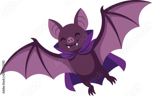 Cute cartoon vampire bat flying with purple cape flying on transparent background