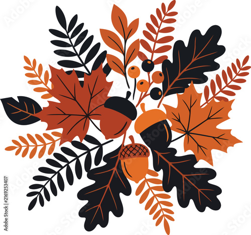 Autumn foliage and acorn arrangement on transparent background