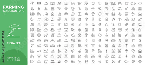 Farming web icons in line style. Agriculture, planting, fertilizer, vegetables, tractor, farmers, fence, farm buildings, collection. Editable stroke
