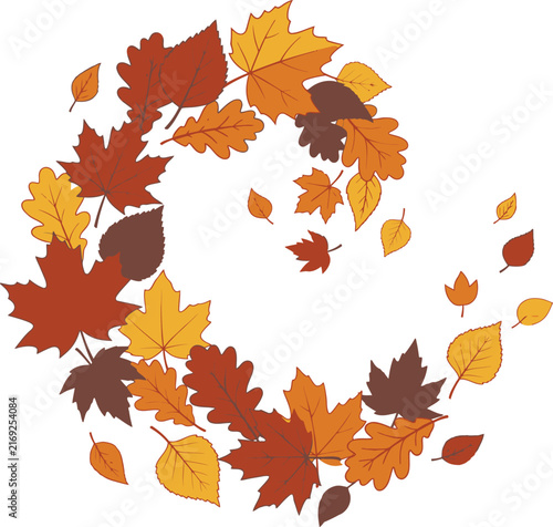 Colorful autumn leaves swirling in a spiral on transparent background