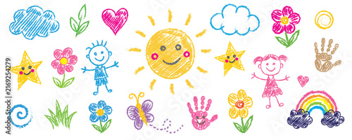 Set of colorful hand drawn chalk children style illustrations on transparent background.