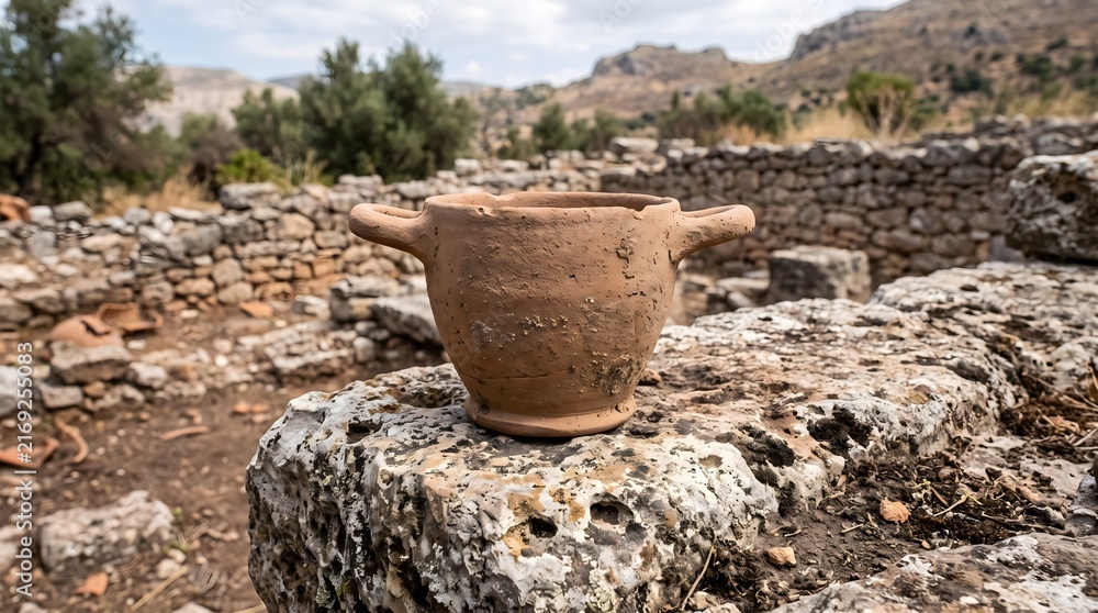 Fototapeta premium Ancient Greek Clay Wine Cup on Stone for Classical Culture and Mythology Concept