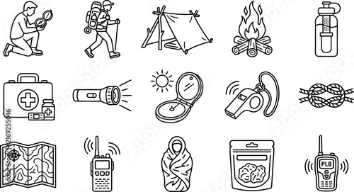 Canvastavla Outdoor Survival and Wilderness Camping Icon Set Featuring Hikers Shelters Campf