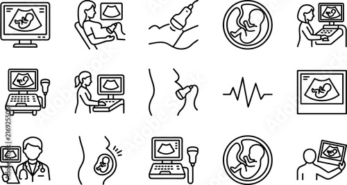 Prenatal Ultrasound and Fetal Development Icon Set Featuring Sonography Scans Pregnant Women Medical Monitors Transducers Doctor Consultations and Baby Heartbeat Vector Graphics