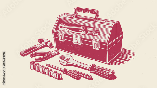 Vintage toolbox with hand tools vector illustration, retro red metal tool box, classic hammer and wrench set for repair and construction