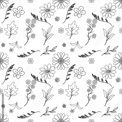 Minimalist hand drawn botanical seamless pattern with daisies and leaves in black line art seamless floral pattern 