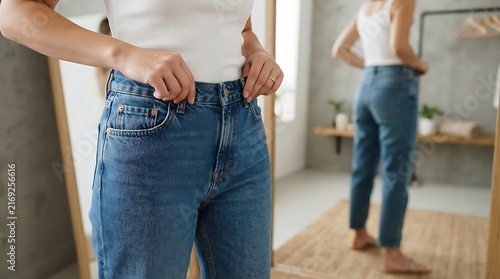 Woman in jeans checking her waistline, a sign of weight management and body shape evolution in a home environment