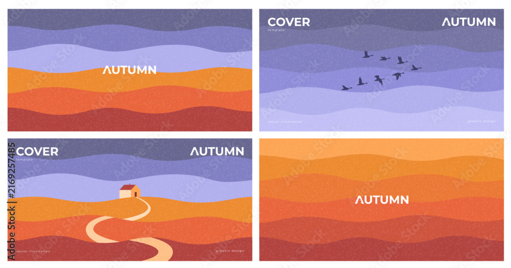 Fototapeta premium Modern Minimalistic Autumn Cover Set. Autumn vector cards featuring abstract landscapes with layered hills and sky. Flyers for seasonal brochure, branding, fall-themed project, packaging, promotion.