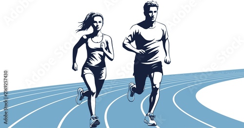 Silhouettes of athletic looking male and female runners running. Running man and woman, isolated illustration. JPEG version.