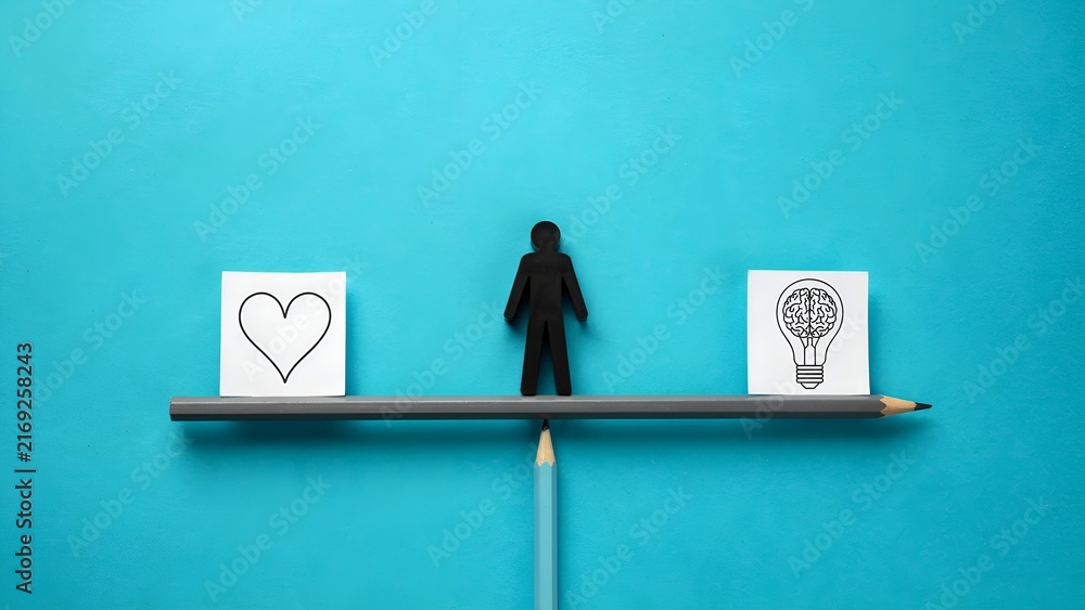 Obraz premium Conceptual image of a person balancing between heart and brain symbols on a pencil scale