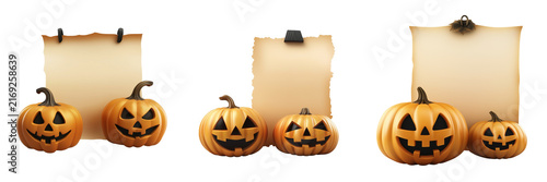 Set of A scary carved pumpkin Halloween lantern with glowing eyes and a sinister grin on transparent background. Ai generated