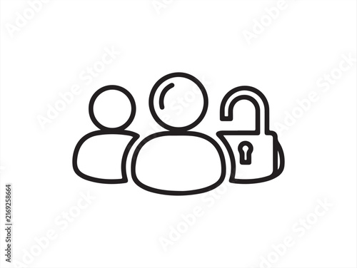 Minimal black line group of users profile icon with an open padlock symbol representing accessibility permissions and community settings. Minimalist Line Icon Vector