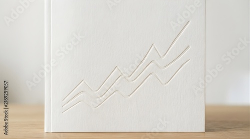 White book cover with embossed rising graph symbol on wooden table