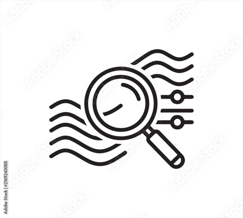 Magnifying glass over audio wave frequency and equalizer sliders icon for sound editing visualization software and music production tools. Minimalist Line Icon Vector