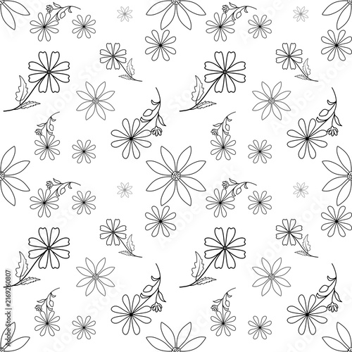 Minimalist hand drawn botanical seamless pattern with black line art flowers and leaves on white background seamless floral pattern