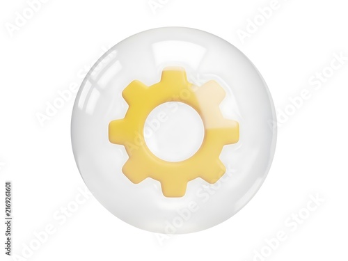 A 3d yellow gear icon encased in a smooth transparent glass orb sphere