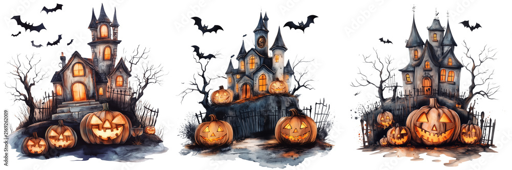 Fototapeta premium Set of Charming watercolor illustration of a cozy Halloween house with glowing windows on transparent background. Ai generated