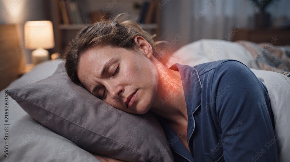 Obraz premium Woman Experiencing Neck Pain While Resting in Bed