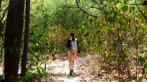 Solo female hiker explores lush green jungle trail, cinematic footage capturing her adventurous journey through dense tropical forest.